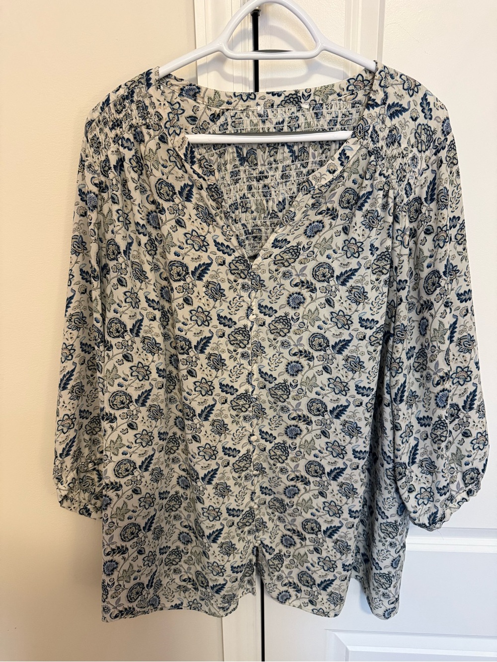 Rose & Olive Blue Floral Button-Front Peasant Blouse on Cream